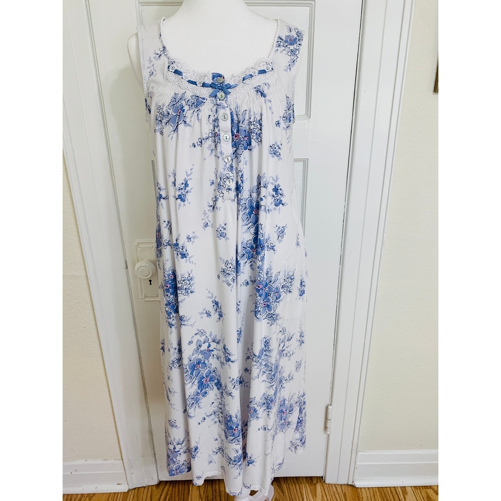 Aria Blue Floral 100% Cotton Jersey Chemise Nightgown S Sleeveless Pockets - Picture 8 of 16